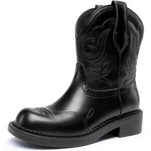 🆕Women Black Cowboy Cowgirl Boots for Women, Round Toe Embroidered Mid Calf